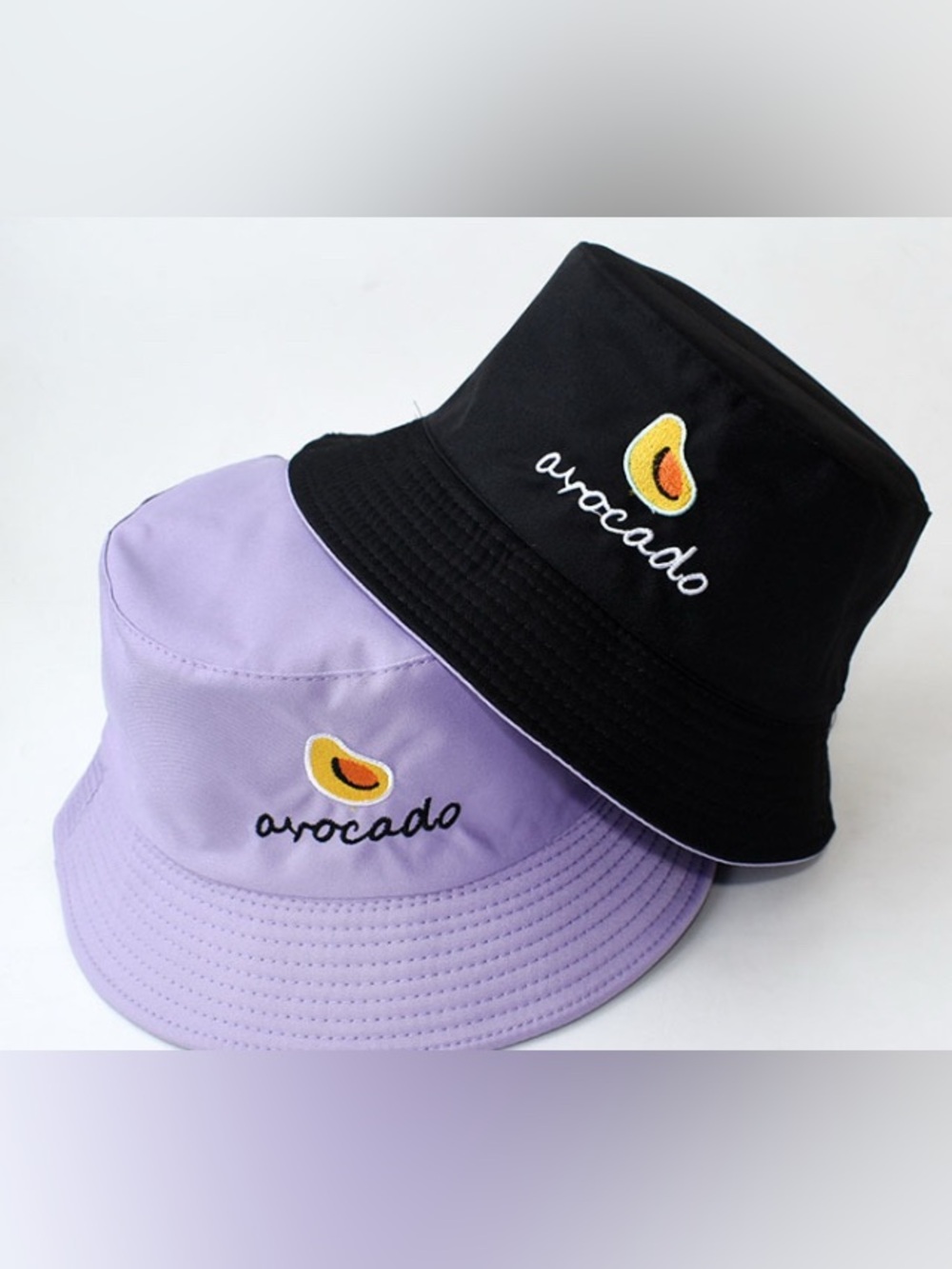 Kids Avocado Embroidered Bucket Hat - Black or Lavender reversible